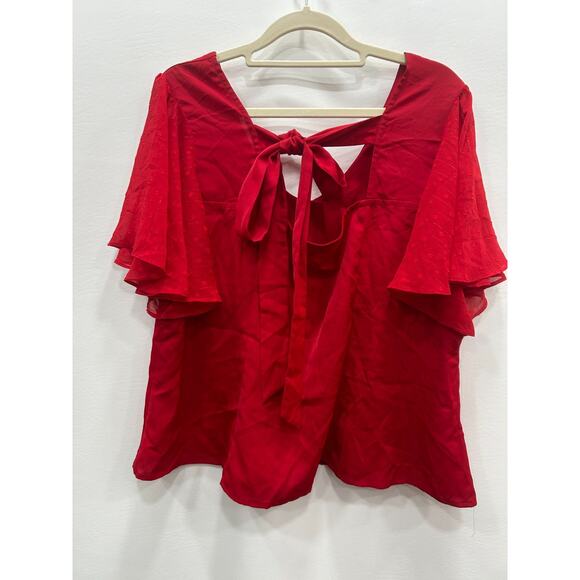 Unique Vintage Red Button Front Flutter Sleeve Blouse Tie Back Top Size 1X/16 - Picture 2 of 6